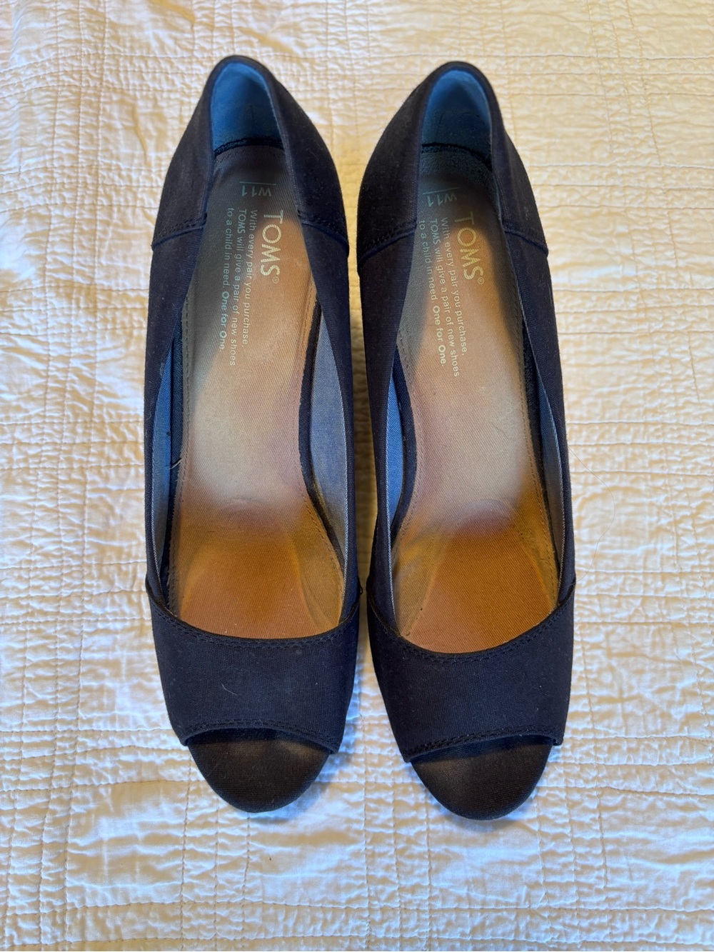 TOMS Navy Peep-Toe Wedge Pumps